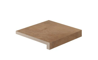 L-shaped terracotta-inspired porcelain corner with a warm Tuscan texture and matte finish for refined outdoor elegance.