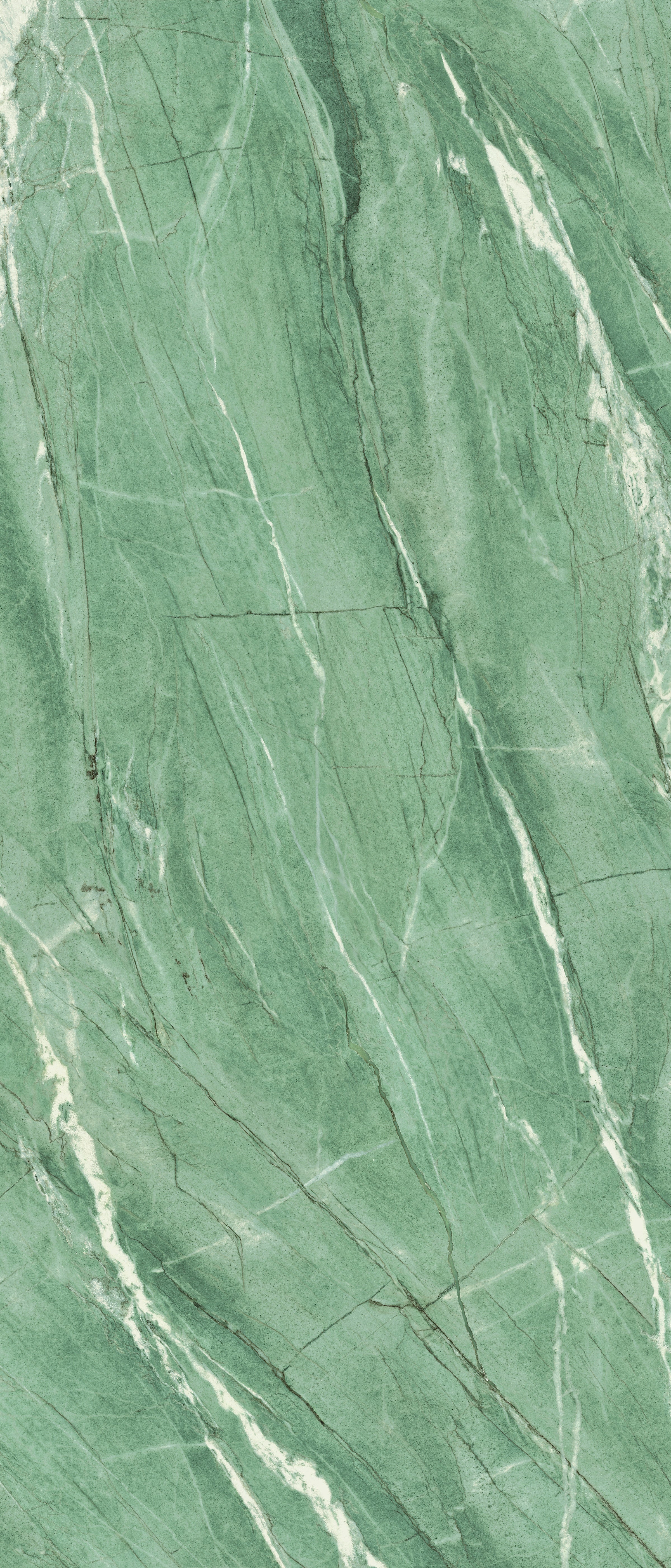 Luxurious Tiffany green marble-look porcelain tile with soft grey veining, matte finish, and refined rectified edges for elegant walls.