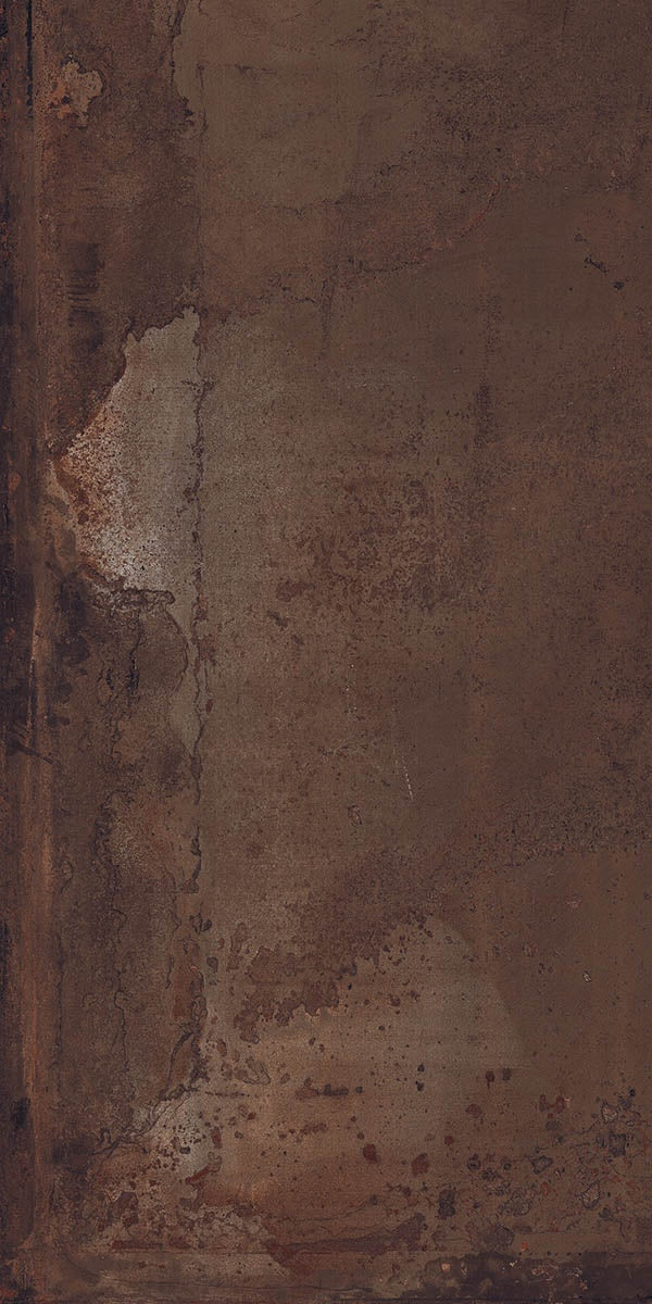 A textured matte brown porcelain wall tile with a metallic industrial edge, exuding urban sophistication and raw elegance.