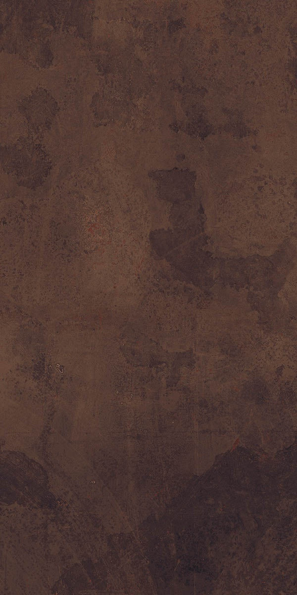 A textured matte brown porcelain wall tile with a metallic industrial edge, exuding urban sophistication and raw elegance.