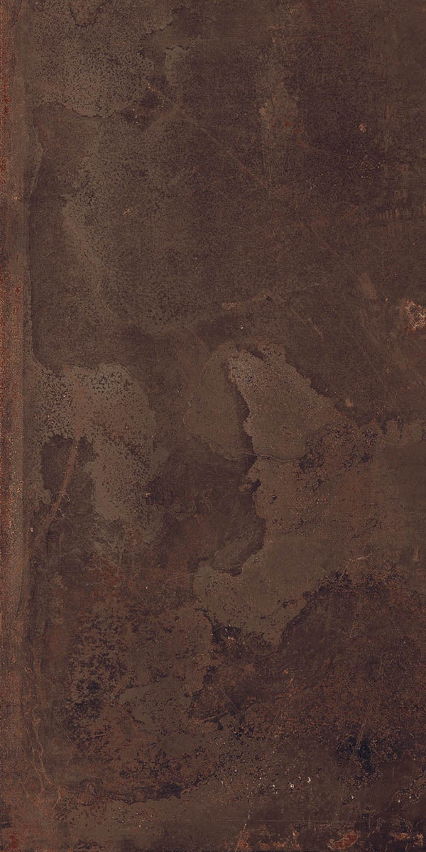 A textured matte brown porcelain wall tile with a metallic industrial edge, exuding urban sophistication and raw elegance.