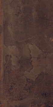 A textured matte brown porcelain wall tile with a metallic industrial edge, exuding urban sophistication and raw elegance.