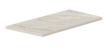 Elegant beige quartzite-look porcelain tile with a soft matte finish and polished edges, evoking serene primordial warmth for refined outdoor terraces.