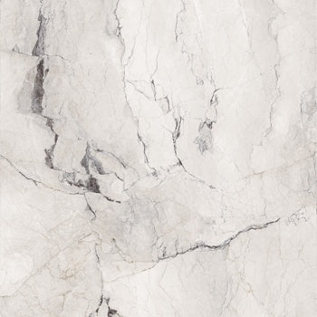 Luxurious large-format porcelain tile with refined marble camouflage veining in soft white, semi-glossy rectified finish.