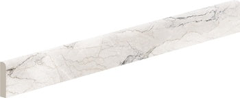 Elegant white marble-effect porcelain bullnose trim with refined veining, semi-matte finish, and timeless sophistication for seamless luxury interiors.