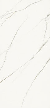 Luxurious white porcelain tile with refined Statuario Extra marble veins, semi-gloss finish, and seamless rectified edges for elegant walls.