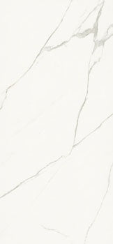 Luxurious large-format porcelain tile with refined Statuario Extra White marble veining on a semi-matte surface, exuding timeless elegance.