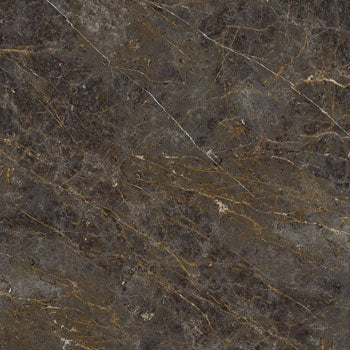 Elegant matte porcelain tile with soft brown-grey marble veins and golden-black detailing, exuding timeless luxury and refined sophistication.