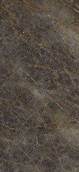 Luxurious brown-grey marble-effect porcelain tile with golden-black veining, semi-gloss finish, and refined rectified edges.