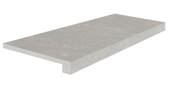 Gray porcelain border corner with bold 3D texture, matte finish, and playful sedimentary stone look for eclectic-modern spaces.