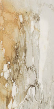 Luxurious matte porcelain tile with refined Calacatta marble veining in a serene white palette, rectified edges for seamless elegance.