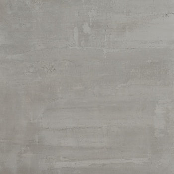 Soft gray porcelain tile with a matte resin-like finish and subtle wood inlay, blending minimalist refinement with organic warmth.