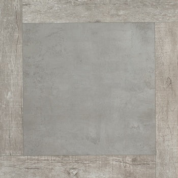 Square matte porcelain tile with a refined wood-effect inlay, blending minimalist elegance and contemporary sophistication in soft gray tones.