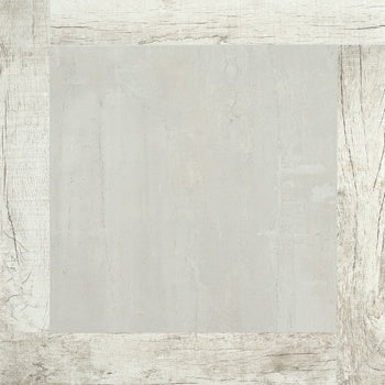 Square matte porcelain tile with refined wood-effect inlay and soft dusty white tones, exuding minimalist sophistication and modern luxury.