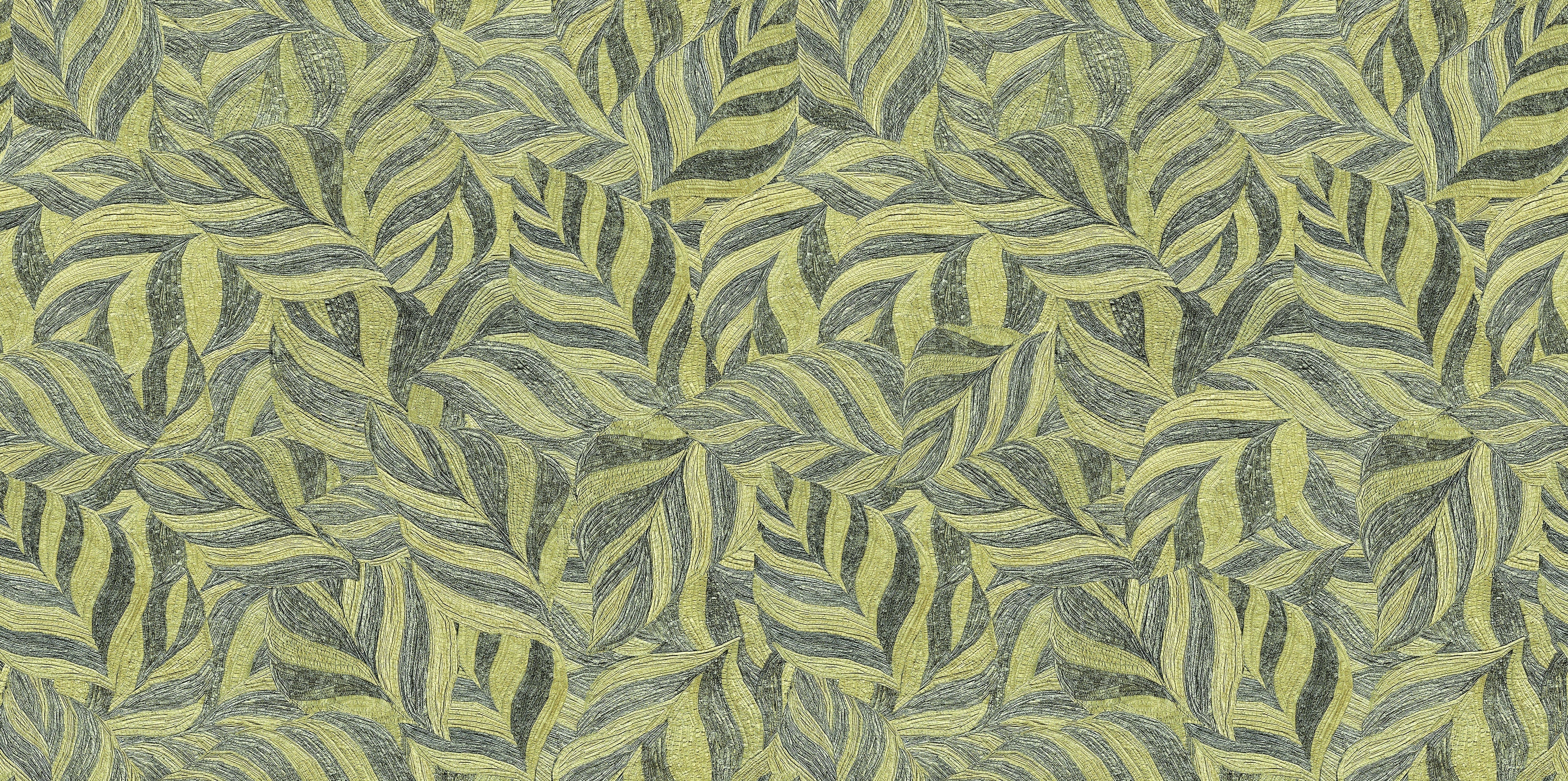 Matte gold-green porcelain wall tile with a refined contemporary deco pattern, exuding artistic elegance and warm sophistication.