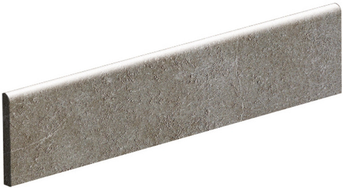 Sleek matte gray porcelain bullnose trim with refined rectified edges, embodying minimalist high-tech elegance.