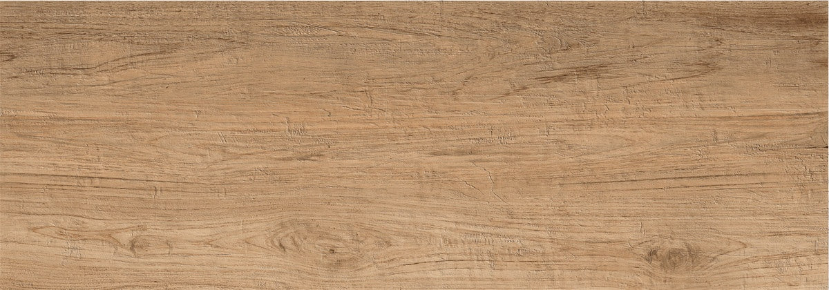Elegant reclaimed wood-look porcelain tile with warm beige tones and a softly textured, matte finish, evoking timeless rustic charm.