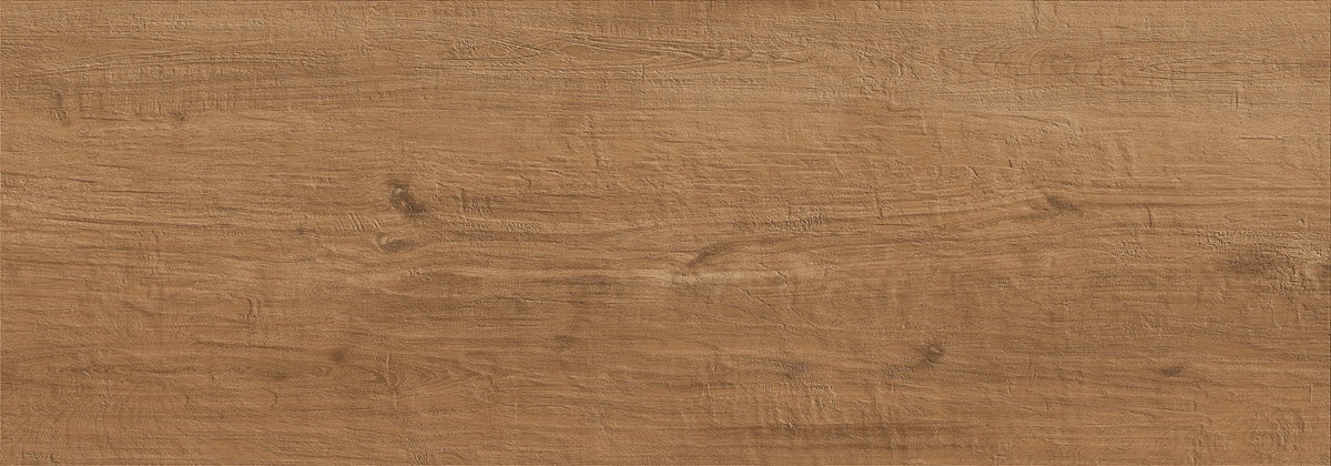 Aged dark beige porcelain plank with rich wood grain texture, evoking the warmth of reclaimed timber in a matte, refined finish.