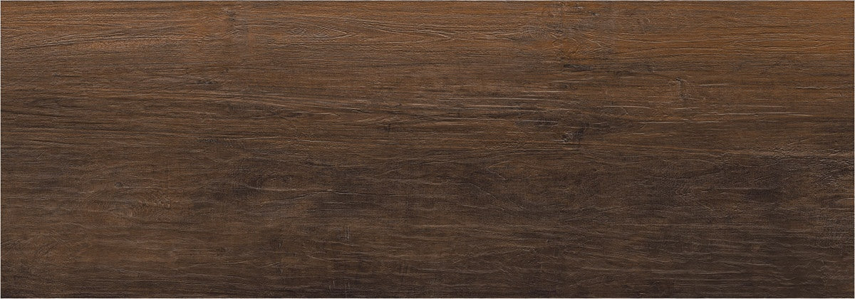 Dark brown porcelain plank with rich reclaimed wood texture, evoking timeless elegance and warm, nostalgic charm in a matte finish.