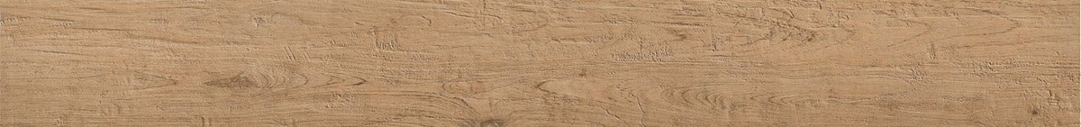 Handcrafted porcelain plank with warm, reclaimed wood texture in soft beige, evoking timeless elegance and rustic Italian heritage.