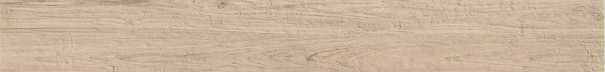 Aged almond wood-look porcelain plank with warm, textured grain and rustic elegance, evoking timeless charm.