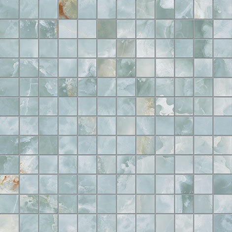 Blue onyx porcelain mosaic with refined semi-matte finish, interlocking squares evoking timeless luxury and dramatic depth.