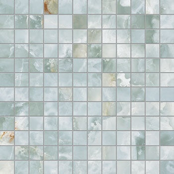 Blue onyx porcelain mosaic with refined semi-matte finish, interlocking squares evoking timeless luxury and dramatic depth.