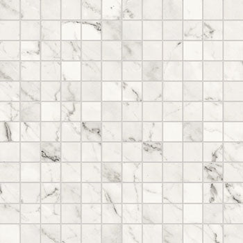 Matte white Calacatta marble-inspired porcelain mosaic with refined veining, timeless elegance for luxurious walls.