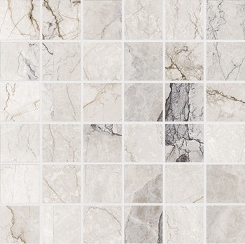 A refined white marble-inspired porcelain mosaic with delicate veining, offering timeless elegance and sophisticated texture for luxurious interiors.