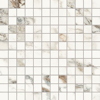 Elegant white marble-effect porcelain mosaic with refined breccia Capraia veining in a timeless straight-stack pattern.
