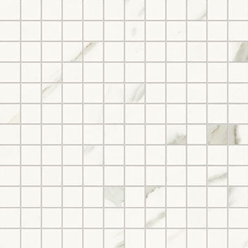 Elegant white marble-look porcelain mosaic with refined Statuario veining in a timeless straight-stack pattern, matte finish.