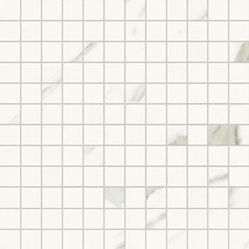 Sleek white marble-inspired porcelain mosaic with refined statuario veining, exuding timeless luxury and sophisticated elegance.