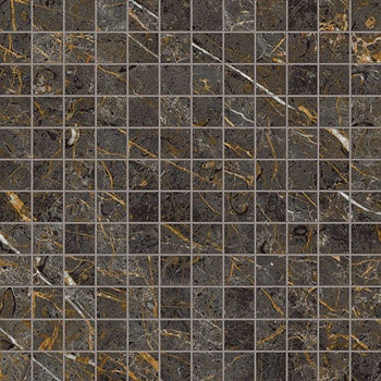 Luxurious brown-grey marble-effect porcelain mosaic with golden-black veins, refined rectified edges, and timeless elegance.