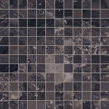 Matte brown marble-effect porcelain mosaic with refined Arabescato Orobico veining, exuding timeless luxury and sophisticated depth.