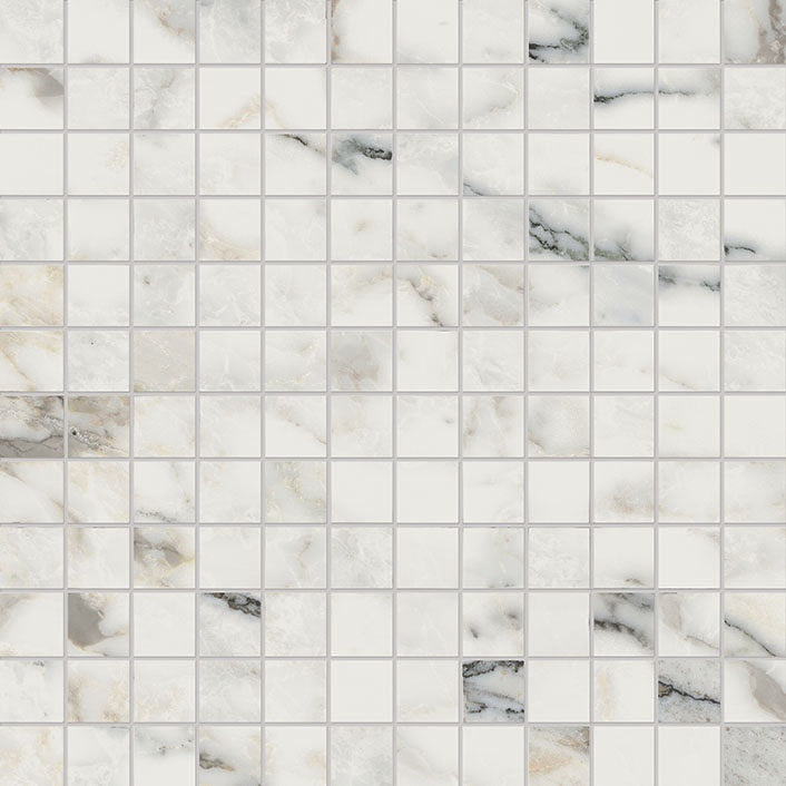 Elegant matte white marble-effect porcelain mosaic with refined Paonazzetto veining, exuding timeless luxury and modern sophistication.