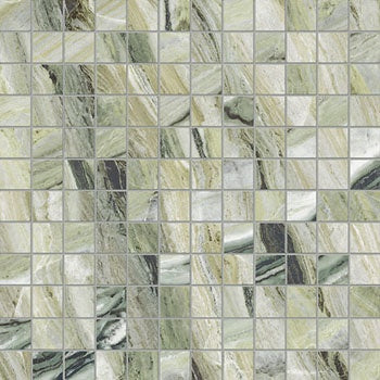 Luxurious green-grey marble-inspired porcelain mosaic with golden veining, refined semi-matte finish, interlocking square tiles.