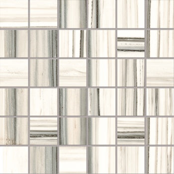 Luxury white marble-effect porcelain mosaic with refined Zebrino veining, semi-matte finish, and timeless straight-stack pattern.