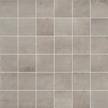 Matte beige porcelain mosaic with soft resin-like texture and subtle wood-effect inlay, exuding minimalist elegance and refined versatility.