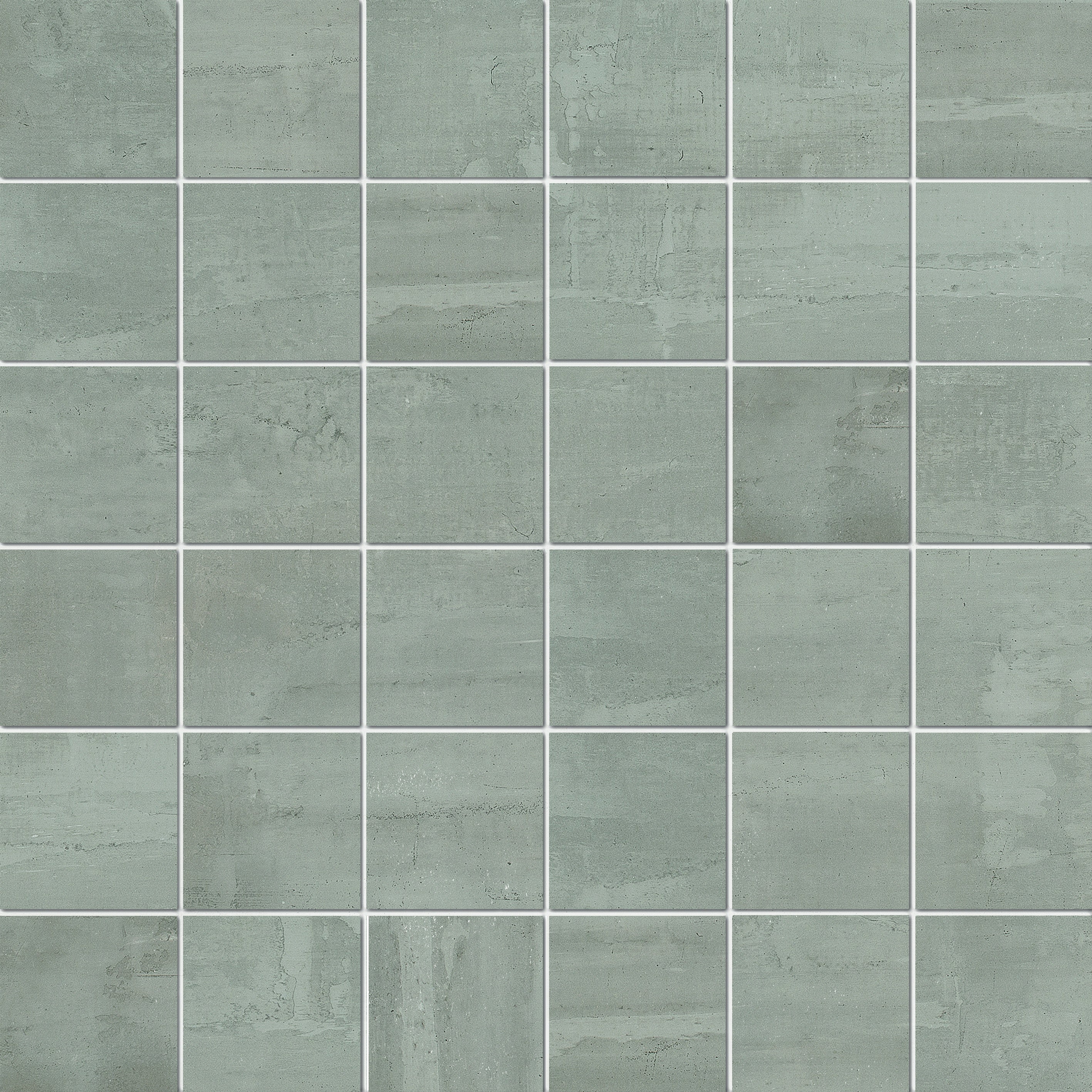 Matte grey porcelain mosaic with subtle wood-effect inlay, offering refined resin-like texture for elegant, contemporary interiors.