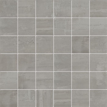 Matte grey porcelain mosaic with subtle wood-effect inlay, offering refined resin-like texture for elegant, contemporary interiors.