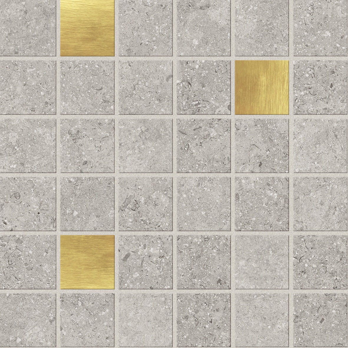 Matte silver-gray porcelain mosaic with wood-effect inlay, exuding minimalist balance and warm serenity in a refined straight-stack pattern.