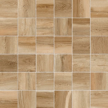 Handcrafted porcelain mosaic with warm, reclaimed wood texture in soft beige, evoking timeless elegance and organic charm.