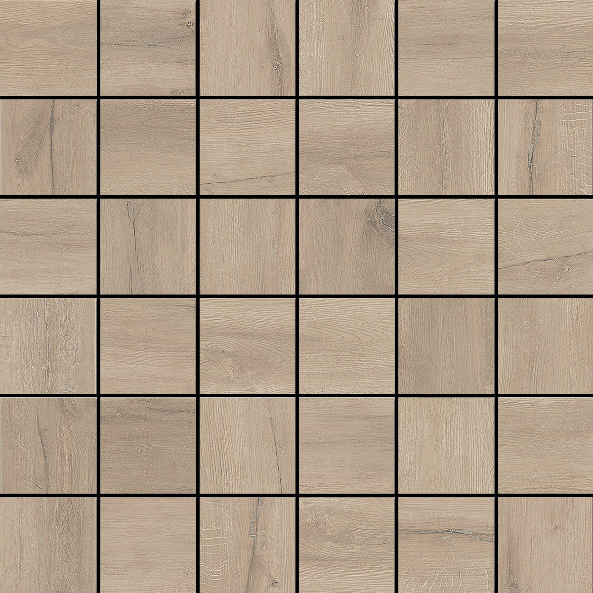 Matte porcelain mosaic with textured reclaimed wood effect in warm almond, evoking rustic elegance and timeless sophistication.