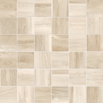 Matte porcelain mosaic with textured reclaimed wood effect in warm almond, evoking rustic elegance and timeless sophistication.