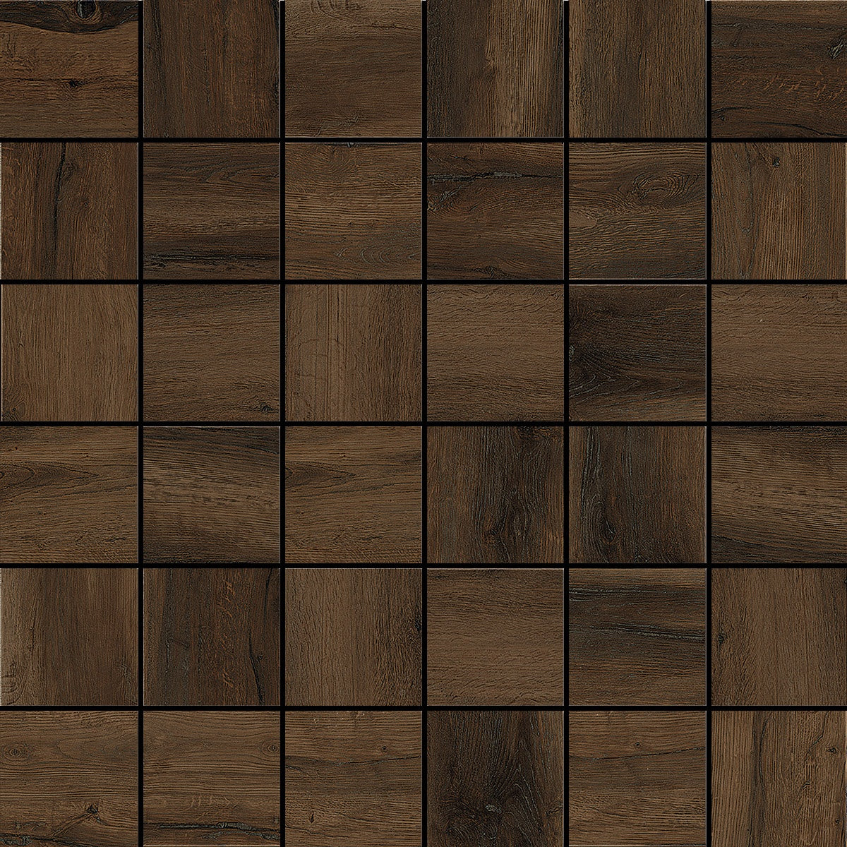 Dark brown porcelain mosaic with reclaimed wood texture, evoking warmth and timeless elegance in a matte, handcrafted finish.