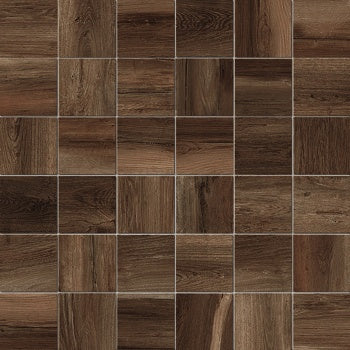 Dark brown porcelain mosaic with reclaimed wood texture, evoking warmth and timeless elegance in a matte, handcrafted finish.