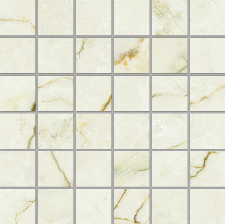 Luxury beige marble-effect porcelain mosaic with subtle veining, warm tones, and refined matte finish for timeless elegance.
