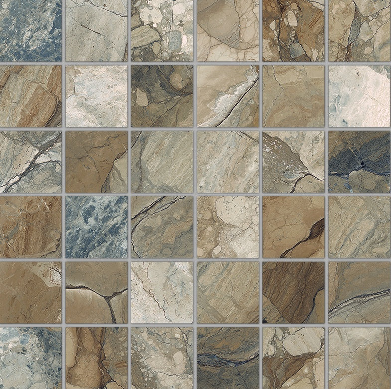 Luxury matte brown travertine-effect porcelain mosaic with warm earthy tones and refined stone texture for timeless elegance.
