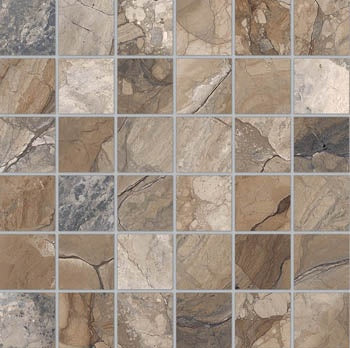 Luxury matte brown travertine-effect porcelain mosaic with warm earthy tones and refined stone texture for timeless elegance.