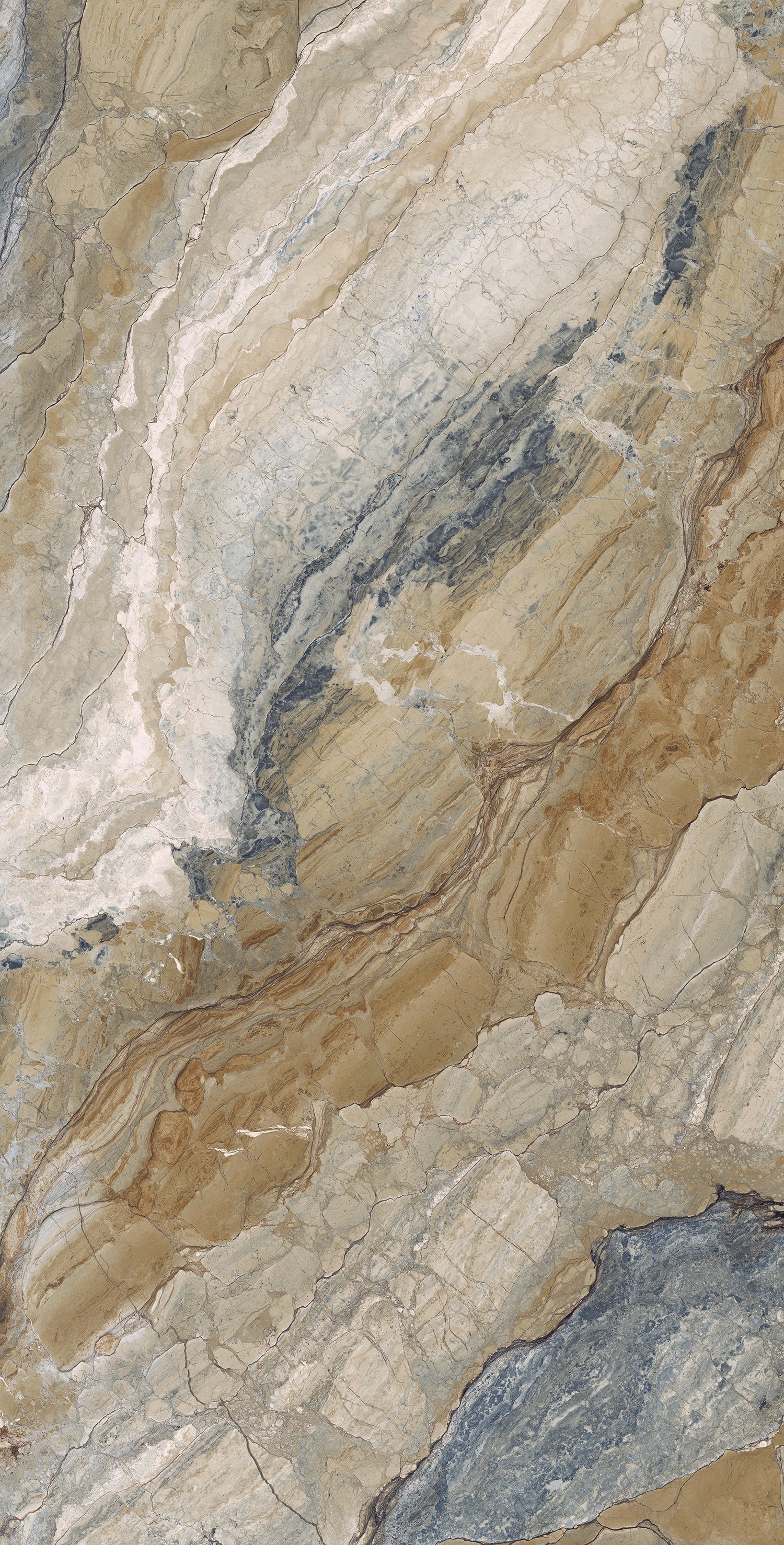 Luxurious large-format porcelain tile with warm travertine-inspired veining and a semi-glossy finish, exuding timeless elegance.